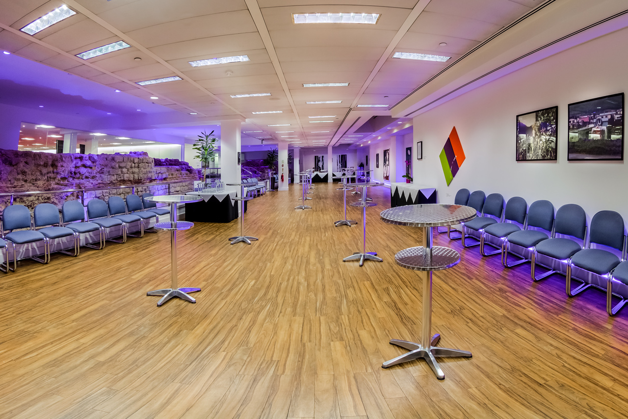 Cornhill Suite at America Square: modern event space with high-top tables for networking.