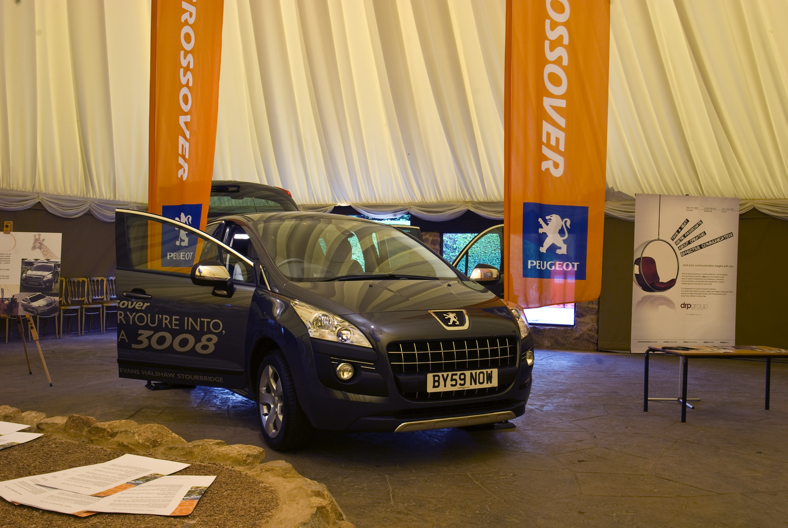 Peugeot 3008 at Tree Tops Pavilion for automotive event in West Midlands Safari Park.