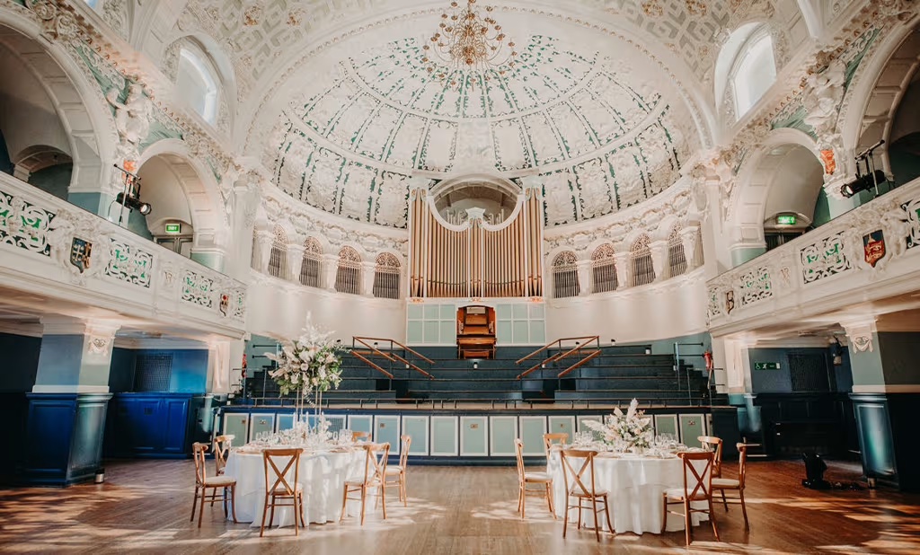 Main Hall at Oxford Town Hall, elegant high ceilings for weddings and corporate events.