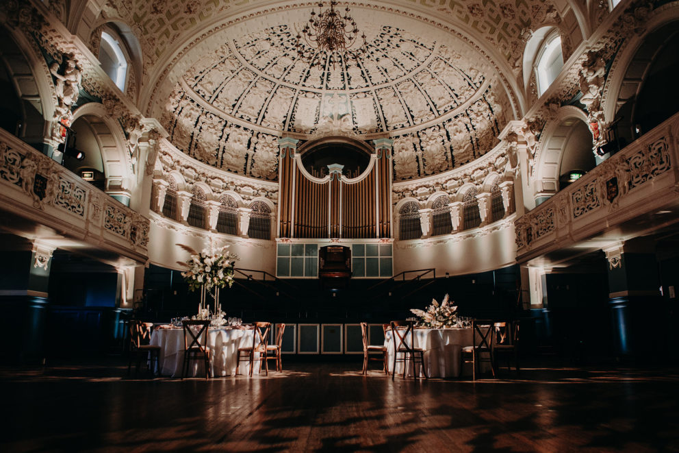 Ornate Main Hall in Oxford Town Hall, ideal for elegant weddings or corporate events.