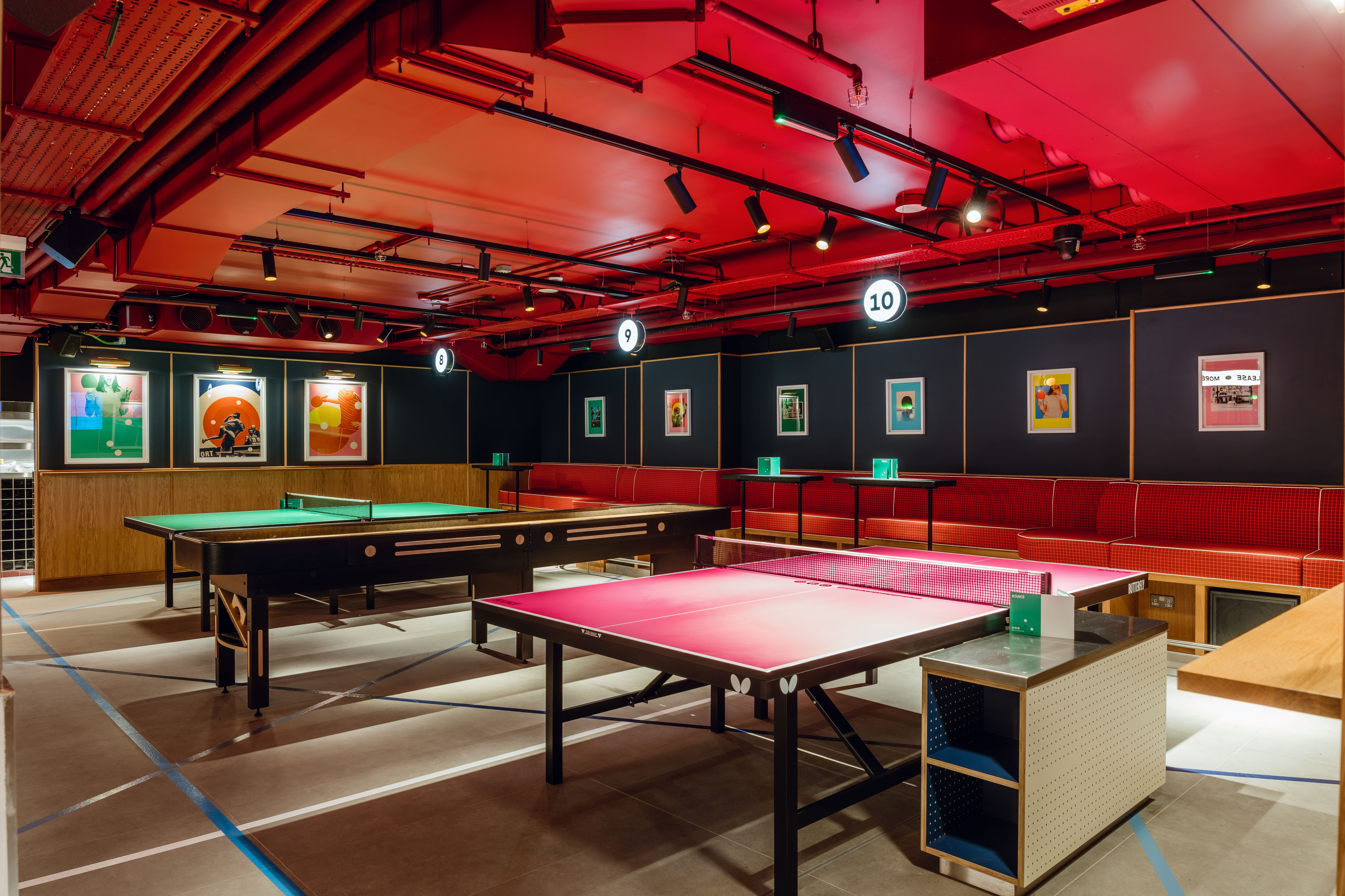 Modern event space with ping pong tables at Bounce Battersea Power Station for networking events.