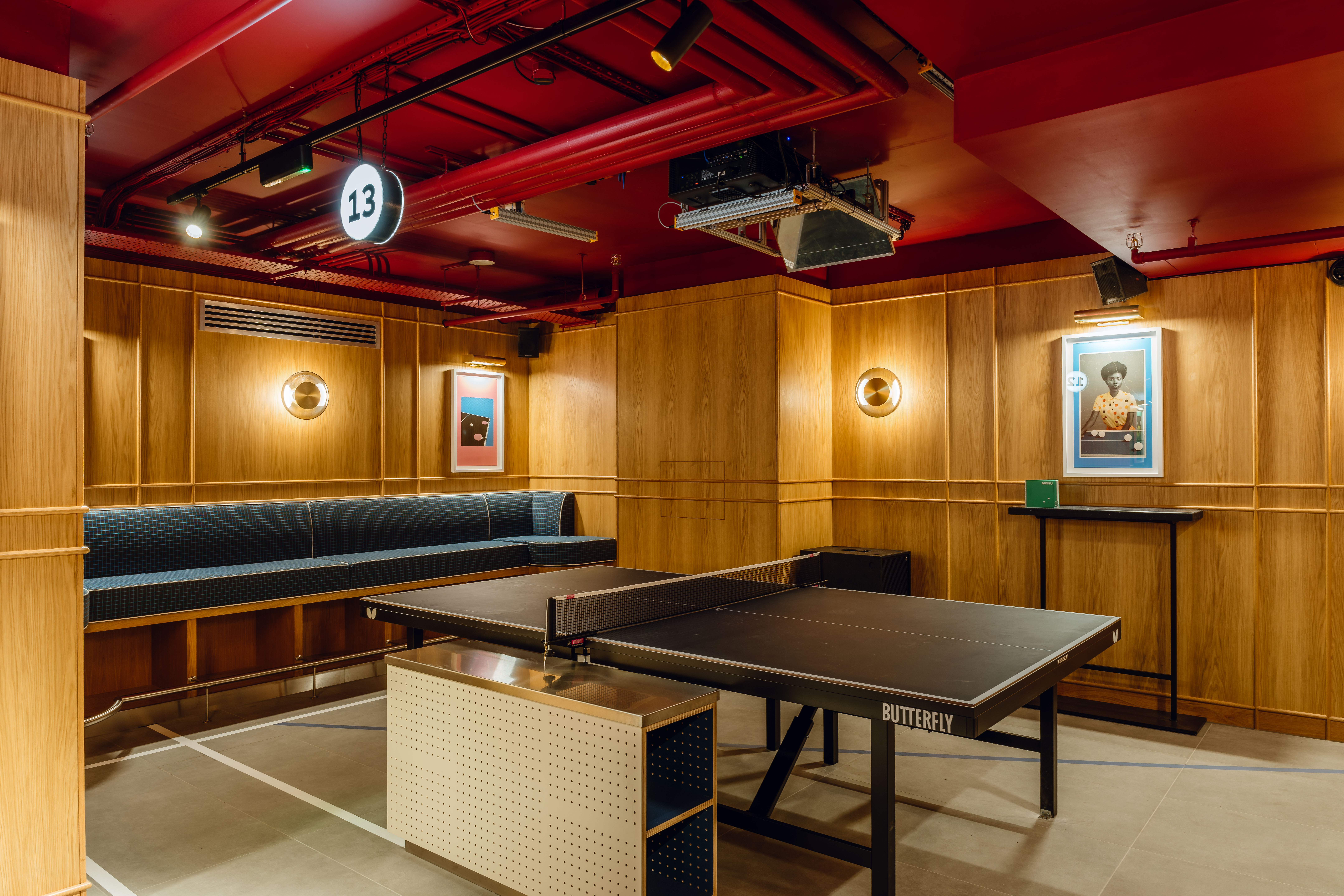 Multifunctional networking space with ping pong table at Bounce Battersea Power Station.