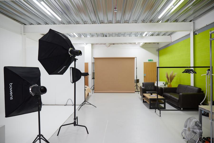 Control Room at Rain City Studio with green accent, ideal for events and workshops.