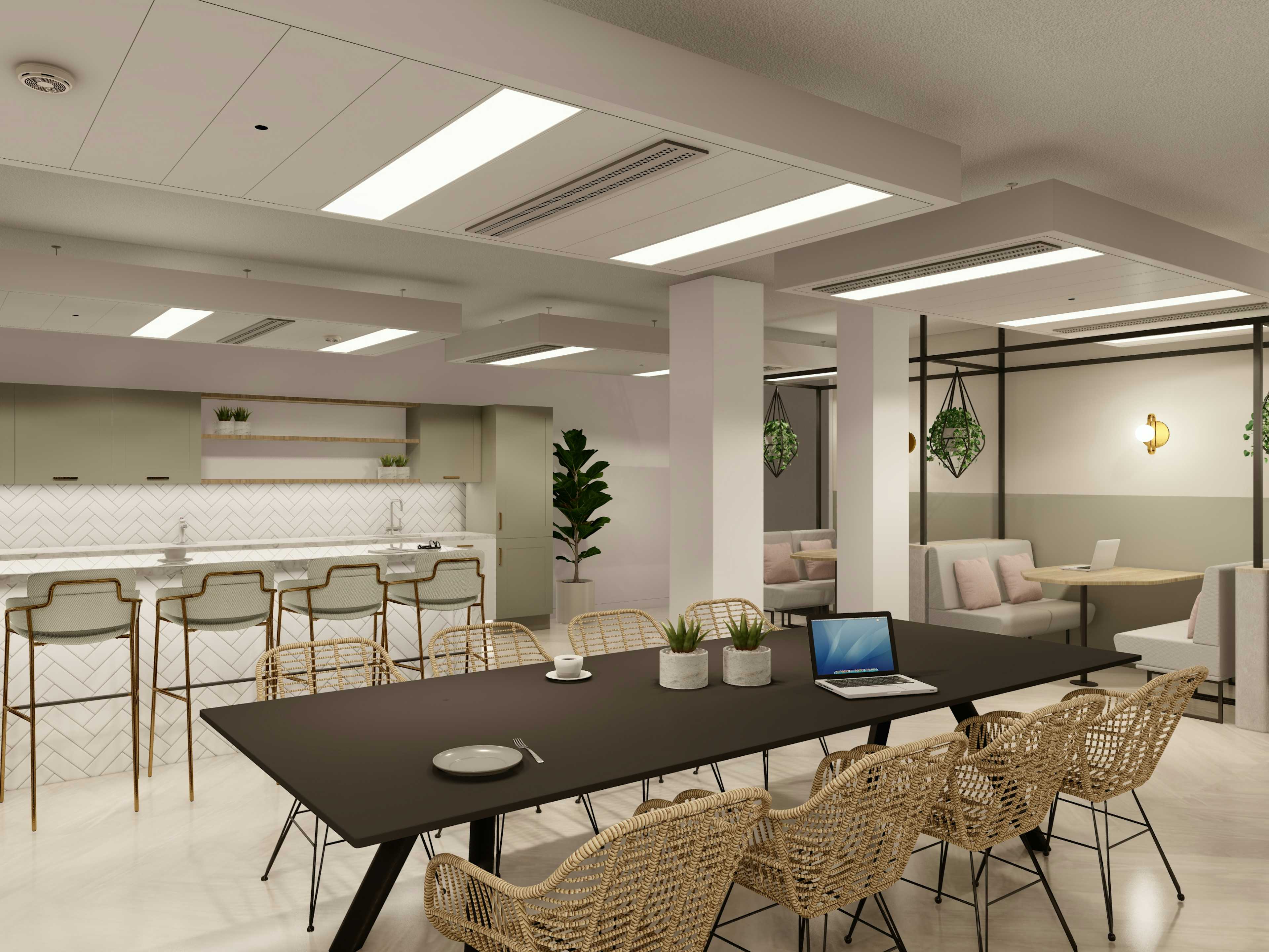 Co-working space in Arkwright House with stylish table, ideal for meetings and collaboration.