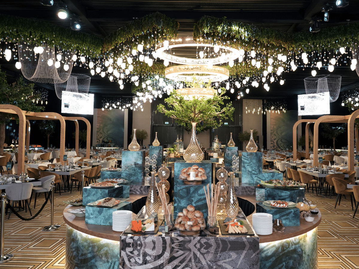 Elegant event space at Fairmont Riyadh with ambient lighting for upscale gatherings.
