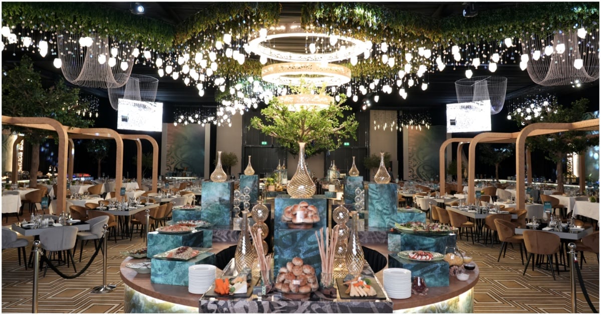 Al Thuraya Ballroom in Fairmont Riyadh, elegant buffet setup for upscale corporate events.