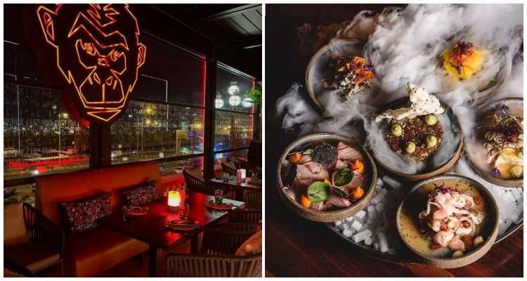 Vibrant MNKY Restaurant with neon gorilla signage, perfect for events and dining experiences.