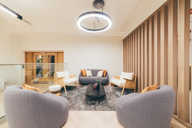 Modern lounge area in The Tootal Buildings for informal meetings and networking.