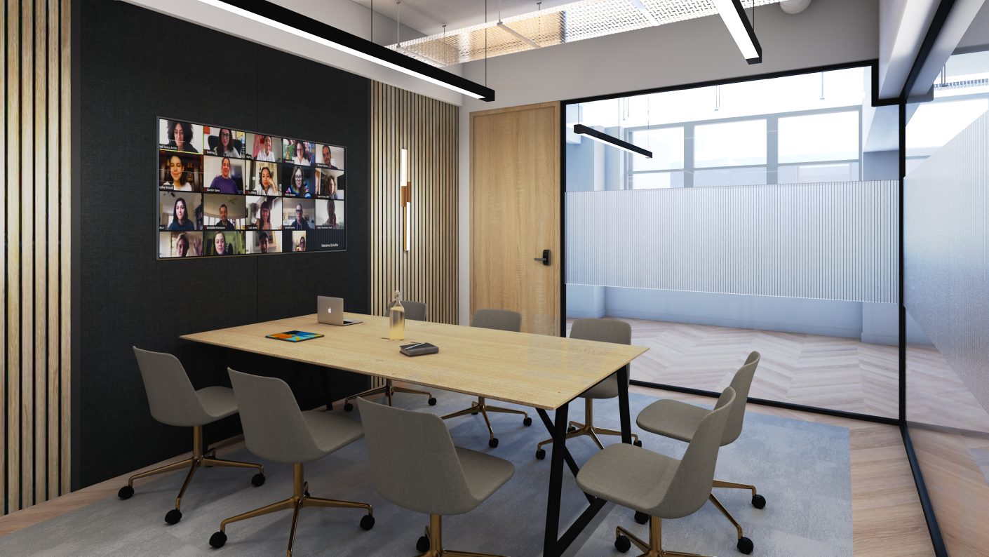 Modern conference room in Tootal Buildings, perfect for hybrid meetings or presentations.