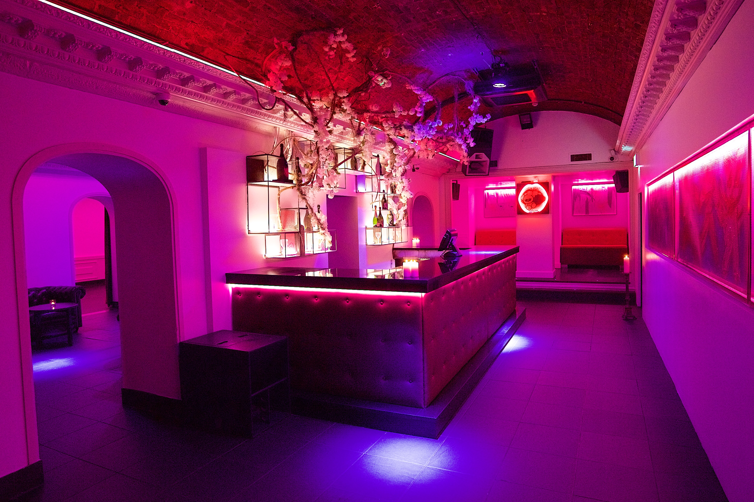 Stylish TOY ROOM venue with pink lighting, perfect for upscale cocktail receptions.