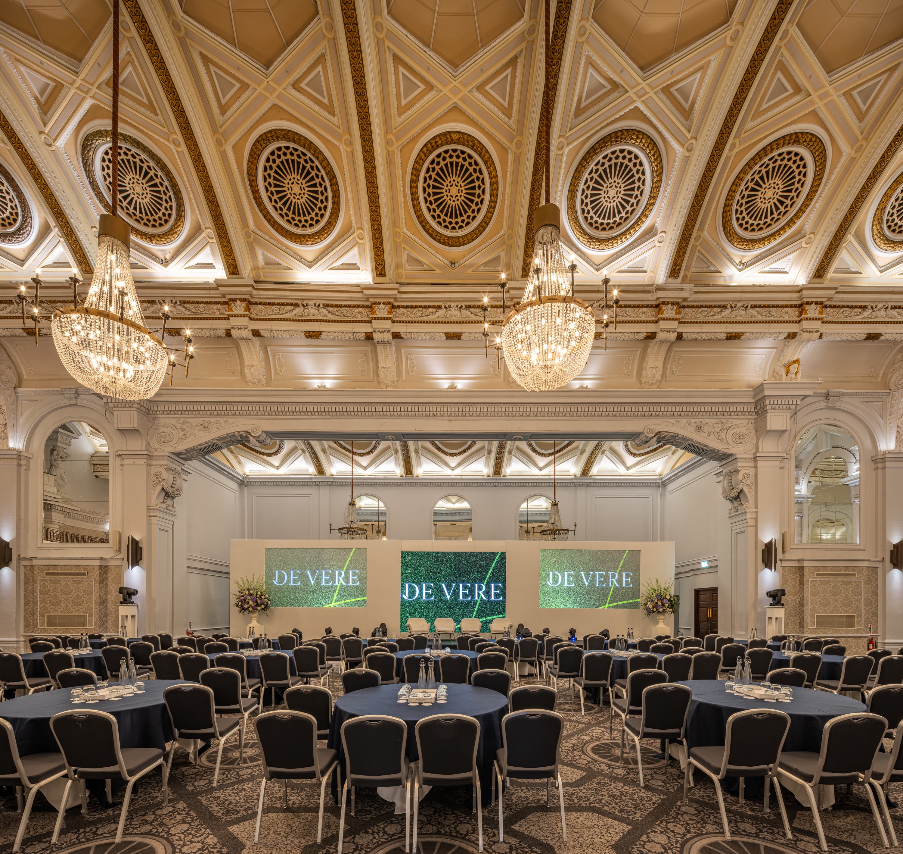Grand Connaught Rooms ballroom with ornate decor for corporate conferences and formal galas.