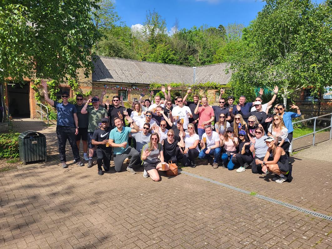 Enthusiastic participants at Hayloft, Horsenden Farm during a team-building event.