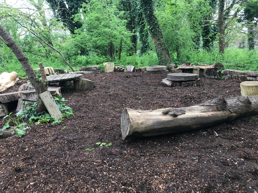 Woodpecker Hollow: rustic outdoor event space with log seating for retreats and workshops.