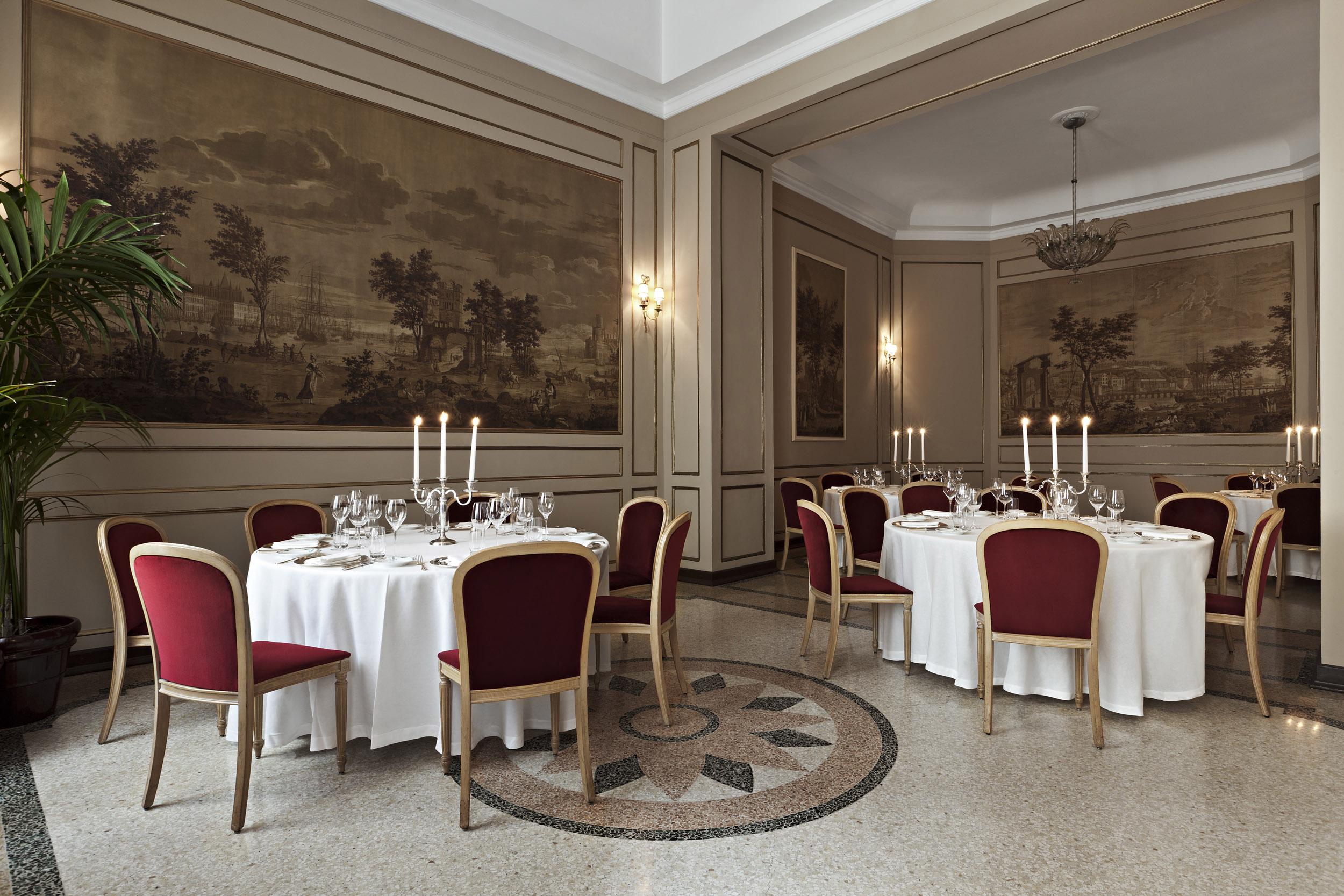 Elegant dining setup in Giordano Lounge for formal gala or corporate dinner.