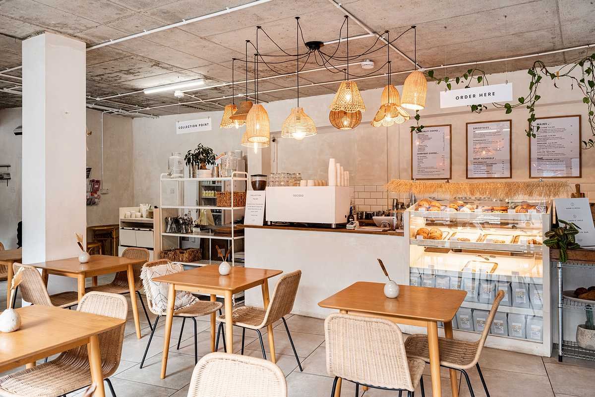 Bohemian cafe event space, natural materials, networking, workshops