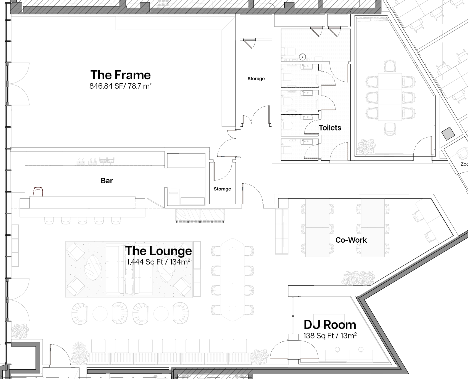 Event space floor plan at Qube Elephant Lounge & Bar with functional layout and accessibility.