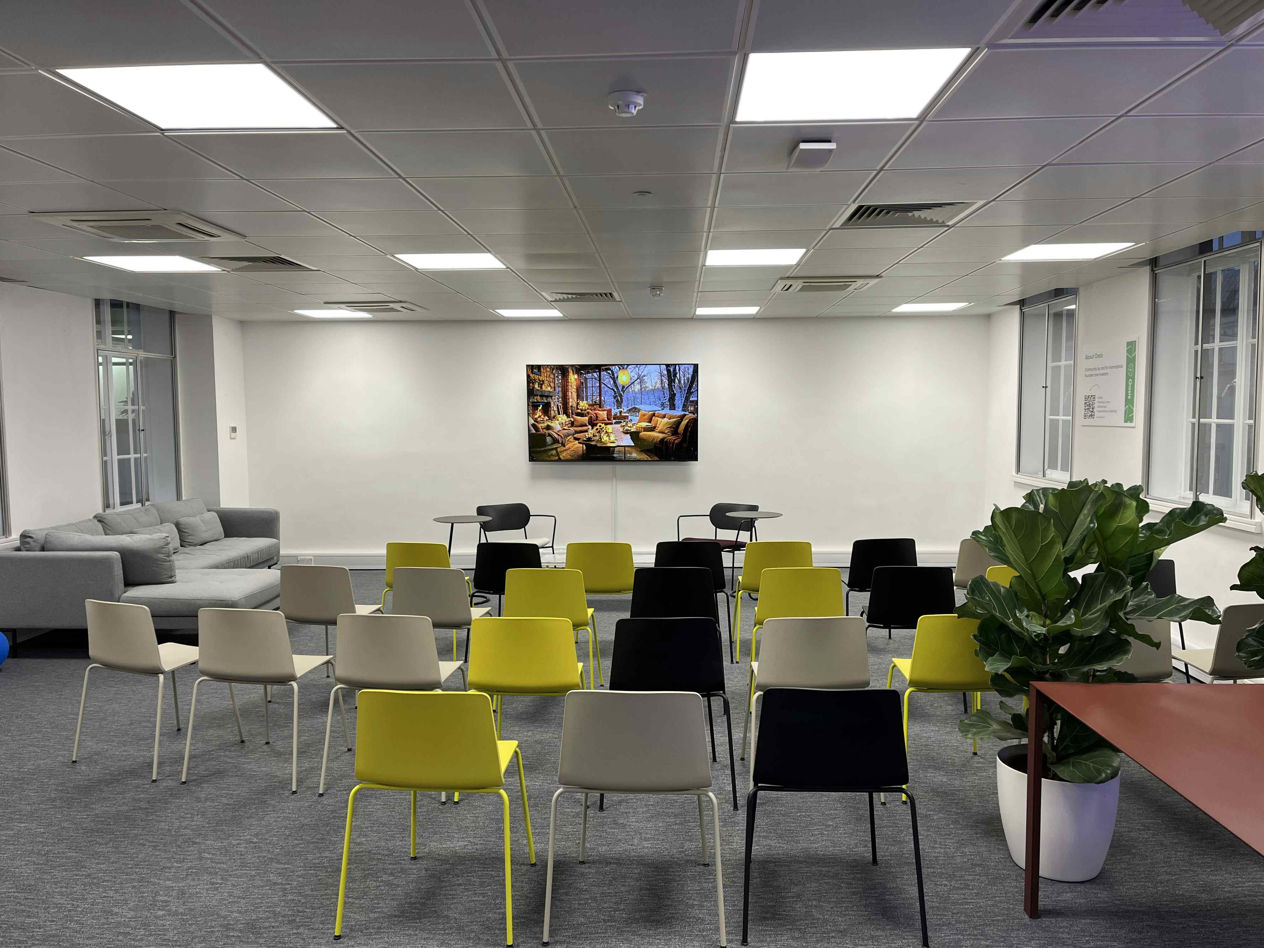 Oasis networking event, modern lounge, AV screen