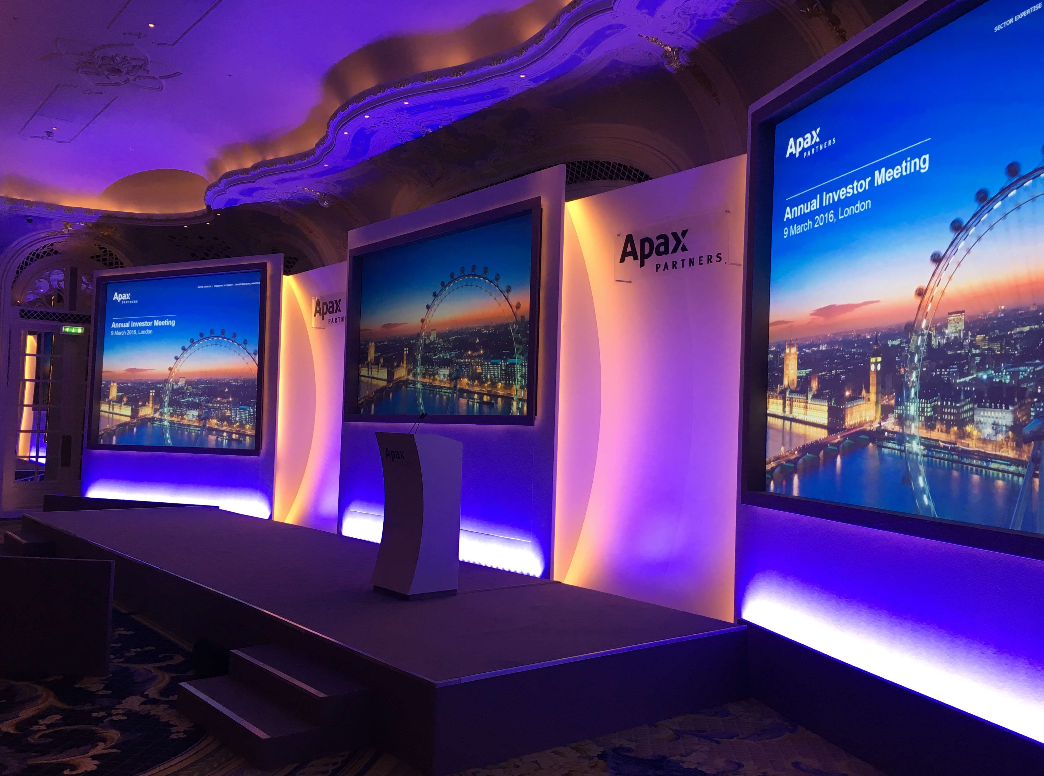 Corporate stage design with multi-screen LED setup for executive events and conferences.