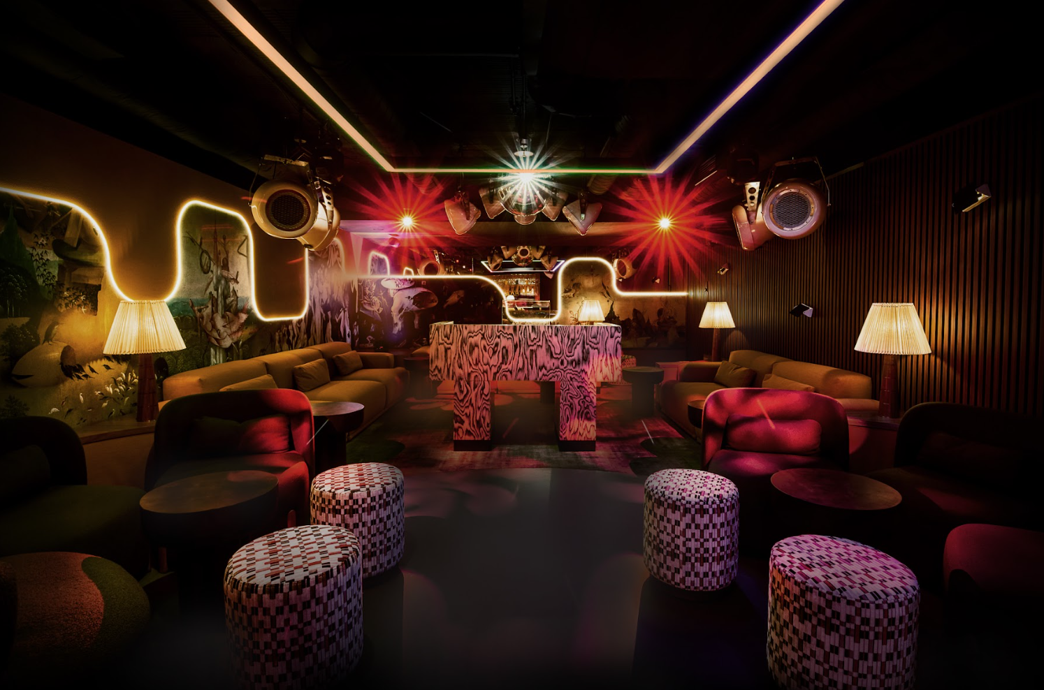 Vibrant event space at Chotto Matte with unique lighting for intimate gatherings.