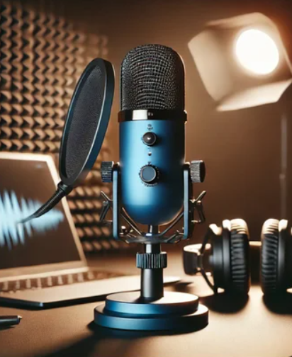 Professional podcast studio with broadcast mic and acoustic treatment for hybrid event recording.