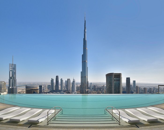 Infinity pool with Burj Khalifa view at Address Sky View for exclusive events.