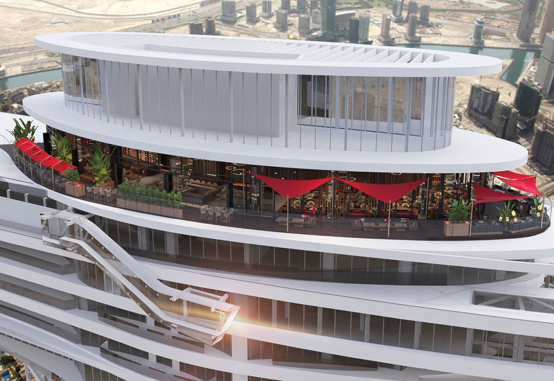 Modern multi-level restaurant with outdoor terrace, ideal for corporate events and gatherings.