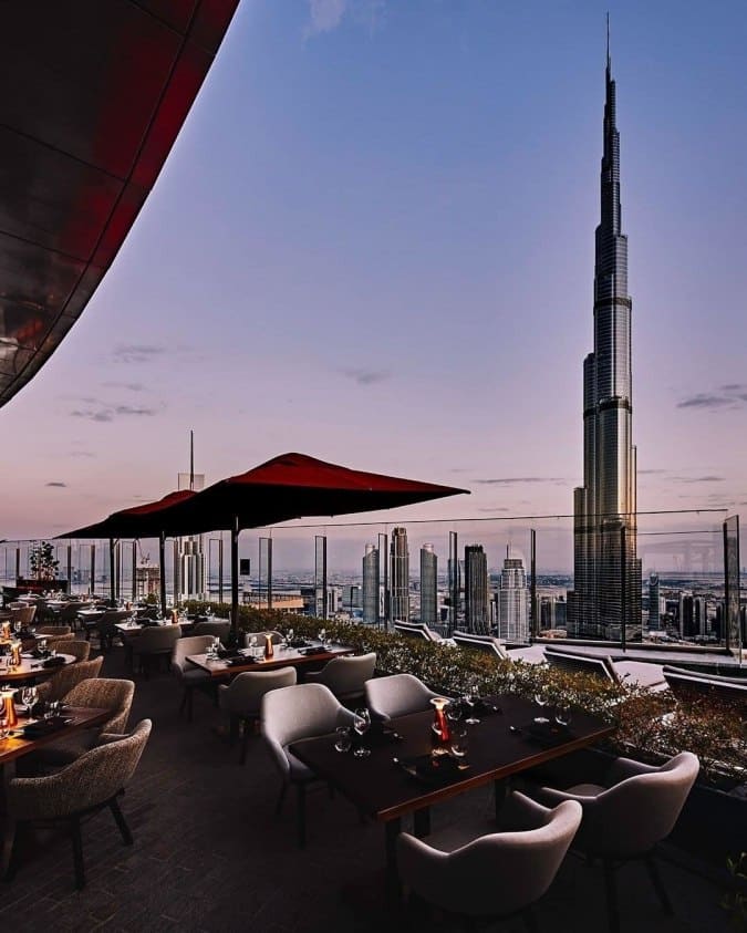 Rooftop lounge at Address Sky View with city skyline views, ideal for events and gatherings.