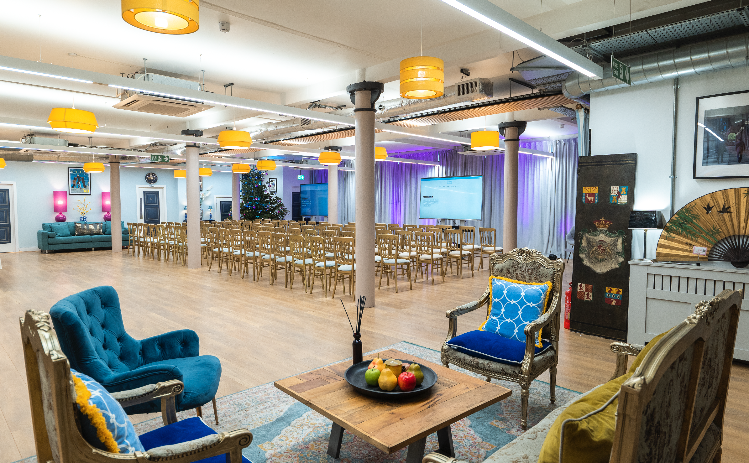 Versatile event space with elegant seating for conferences and social gatherings.