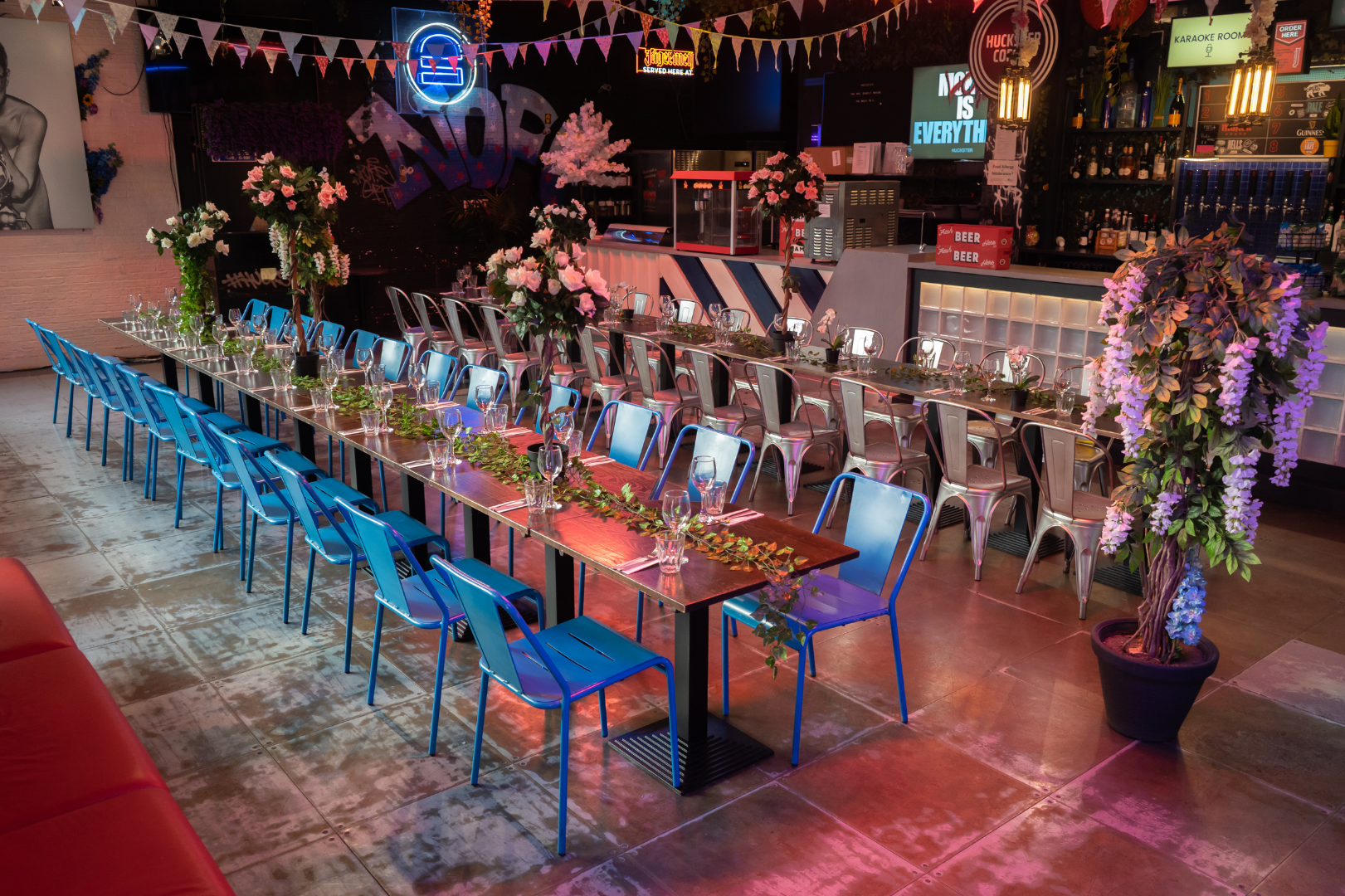 Vibrant event space at HUCKSTER London, perfect for formal dinners and receptions.