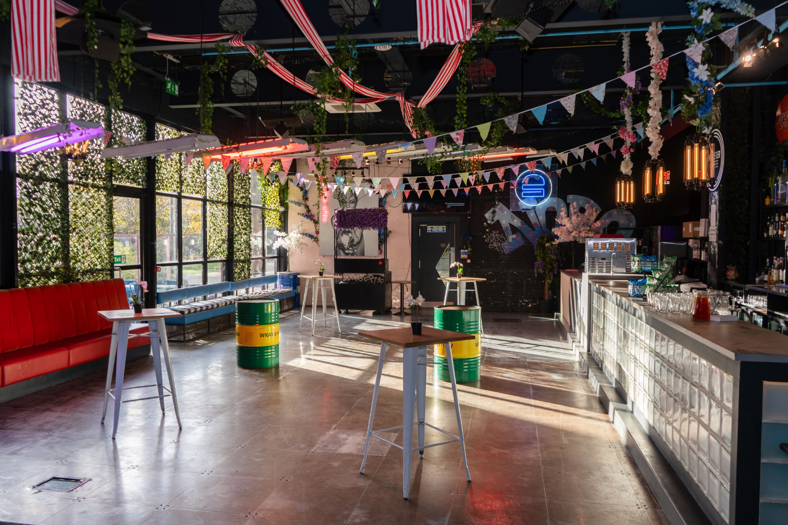Whole Venue Hire in HUCKSTER London, vibrant decor, perfect for corporate and social events.