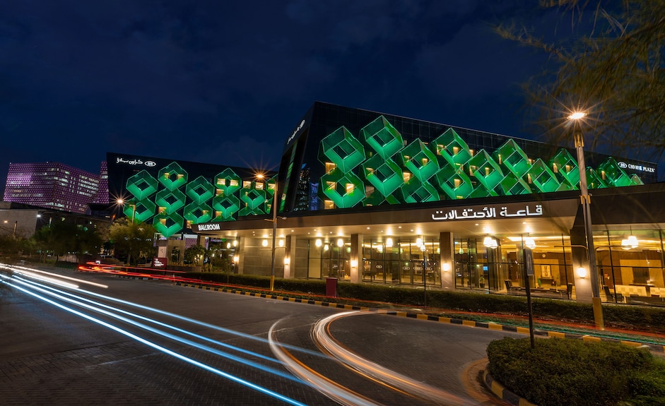 Sultana Ballroom at Crowne Plaza Riyadh: modern venue with vibrant geometric designs for events.