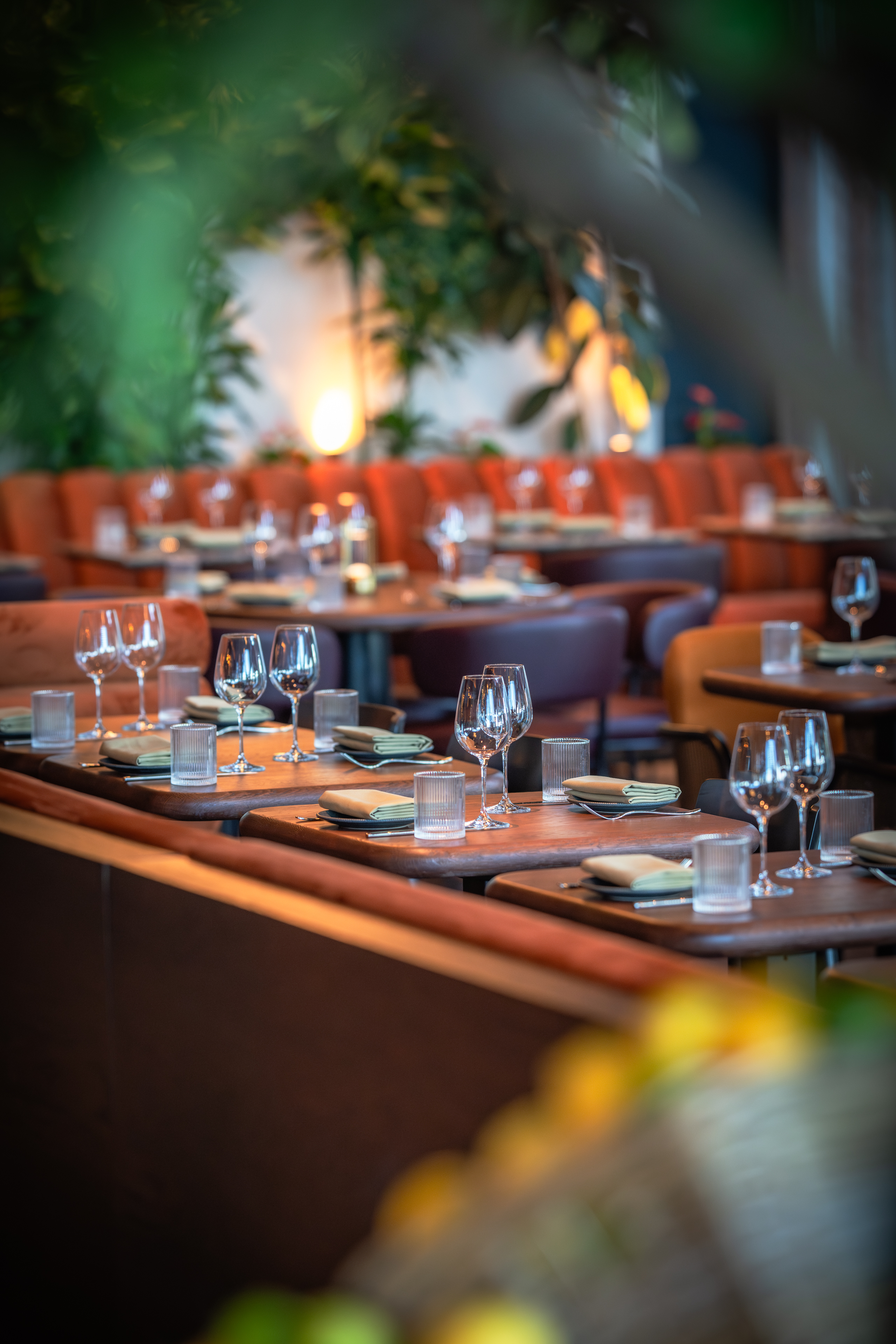 Elegant dining setup in Agora Hall, HERA Restaurant for upscale corporate events.