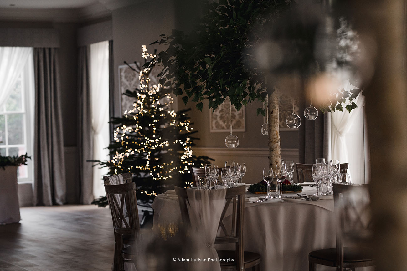 Elegant dining area in The Ballroom, Old Palace Chester for holiday celebrations.