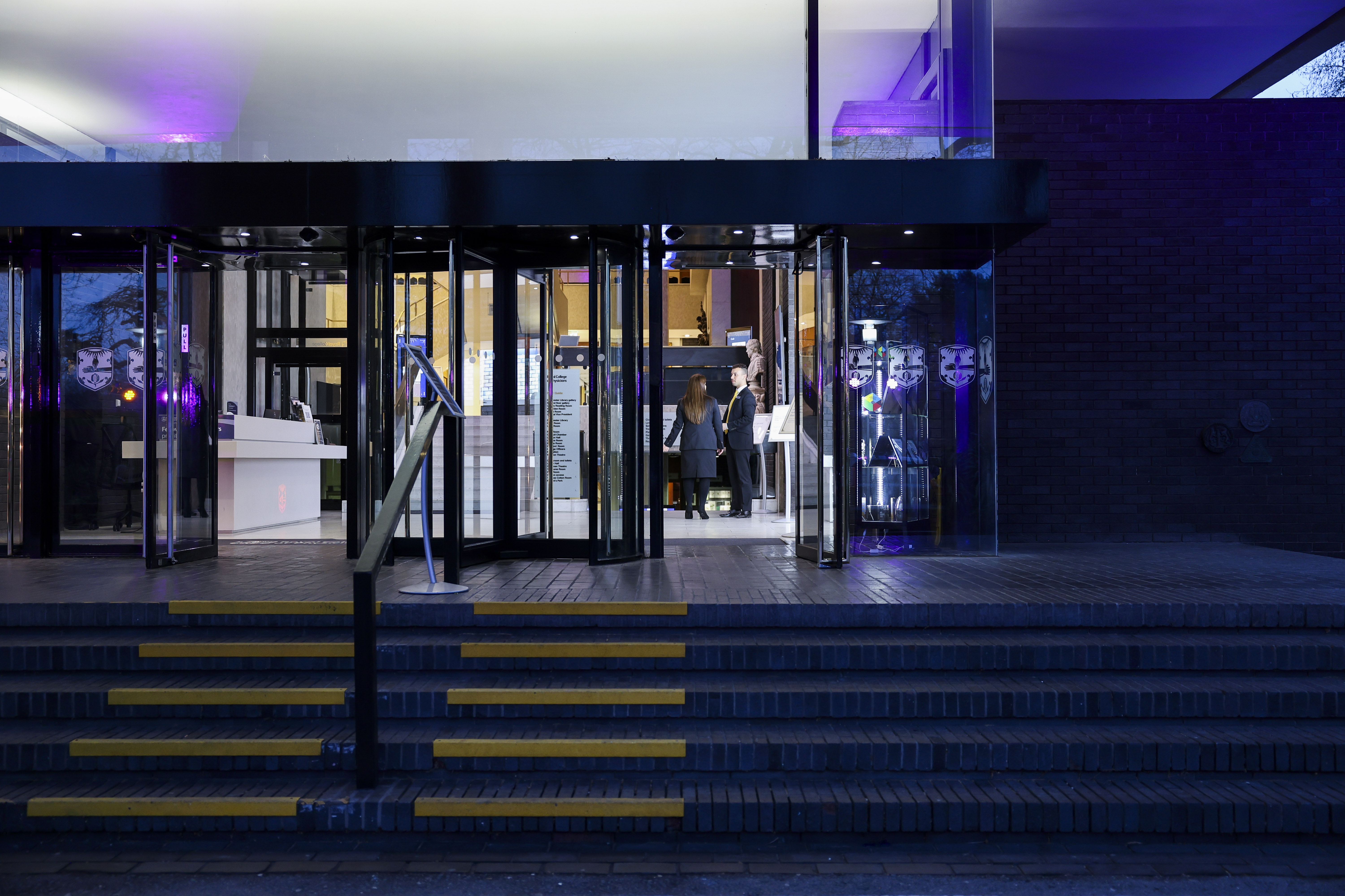 Modern entrance with revolving door at RCP London Events, ideal for corporate and social gatherings.