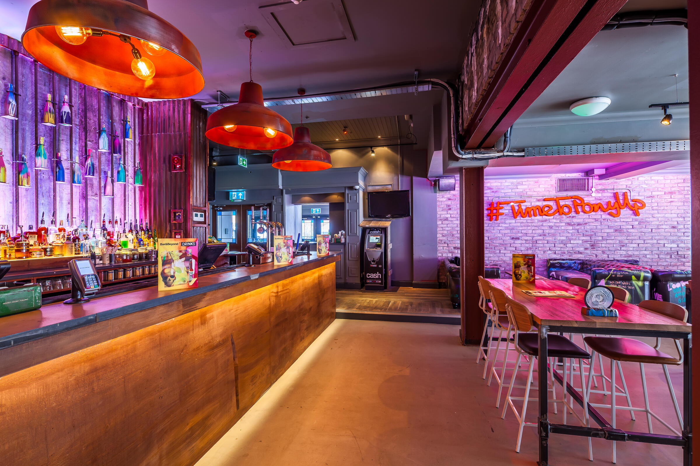 Front Bar at Bar & Beyond Norwich: high-top seating for networking events and corporate mixers.