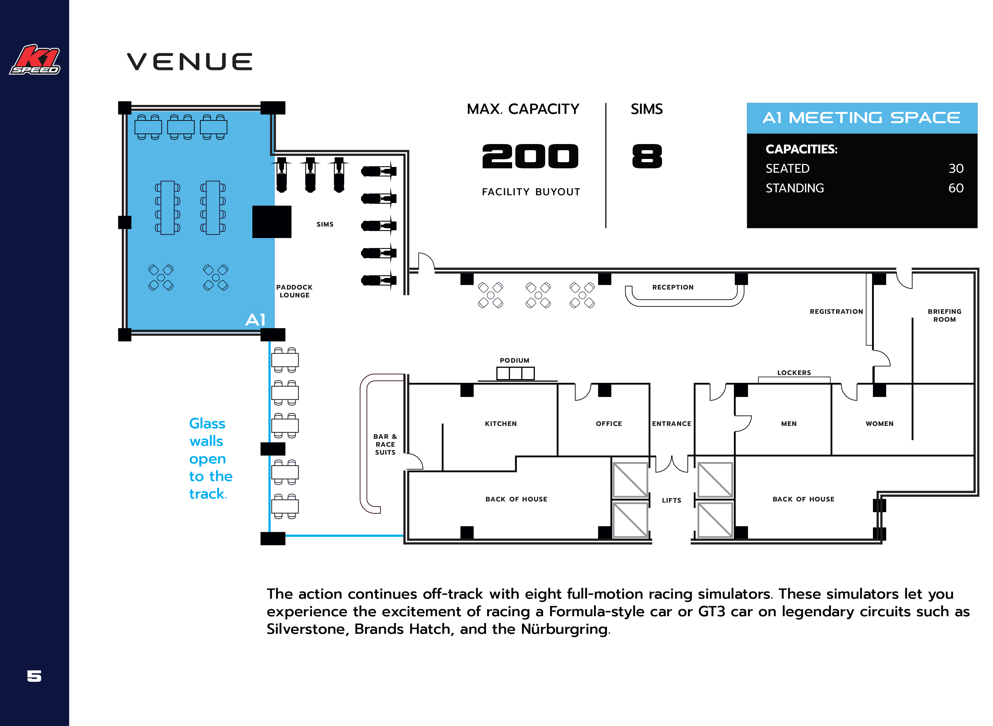 Indoor karting event space with racing simulator, ideal for corporate gatherings and parties.