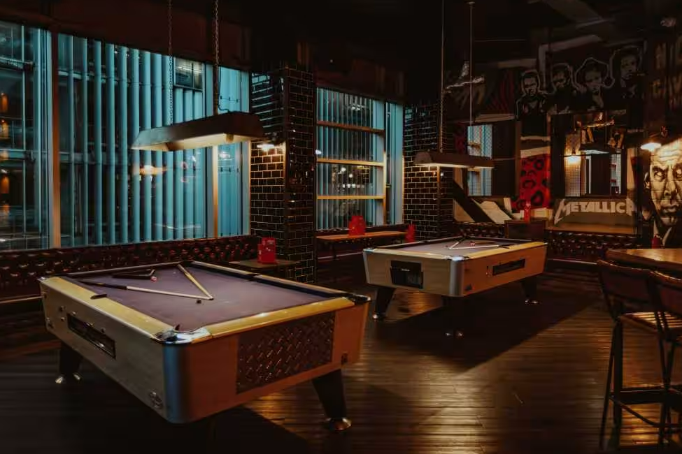 Upscale event space with pool tables in Roxy Ball Room, Liverpool for networking or social gatherings.