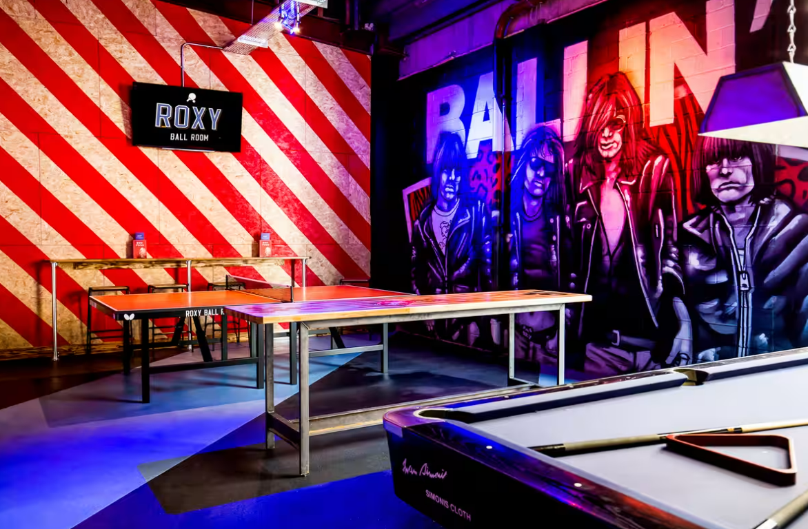 Ramones Area at Roxy Ball Room Liverpool with vibrant murals, ideal for events and gatherings.