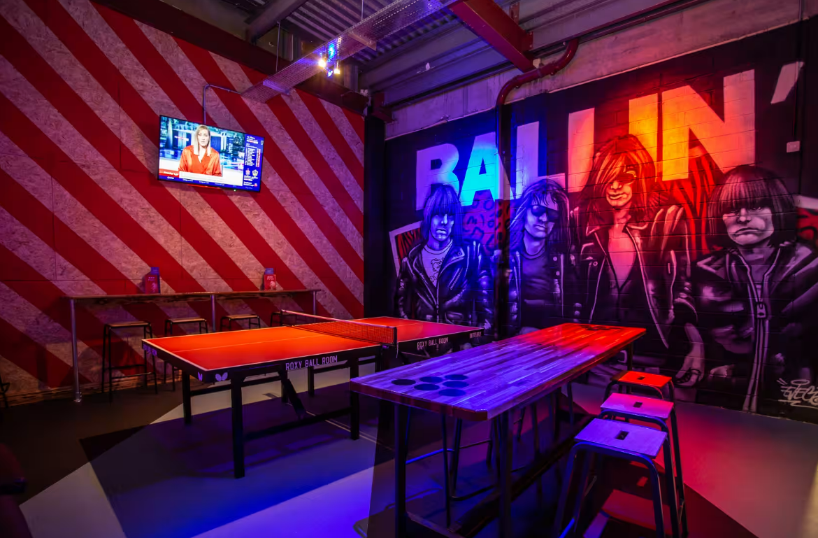 The Ramones Area at Roxy Ball Room, Liverpool, ideal for corporate events with ping pong tables.