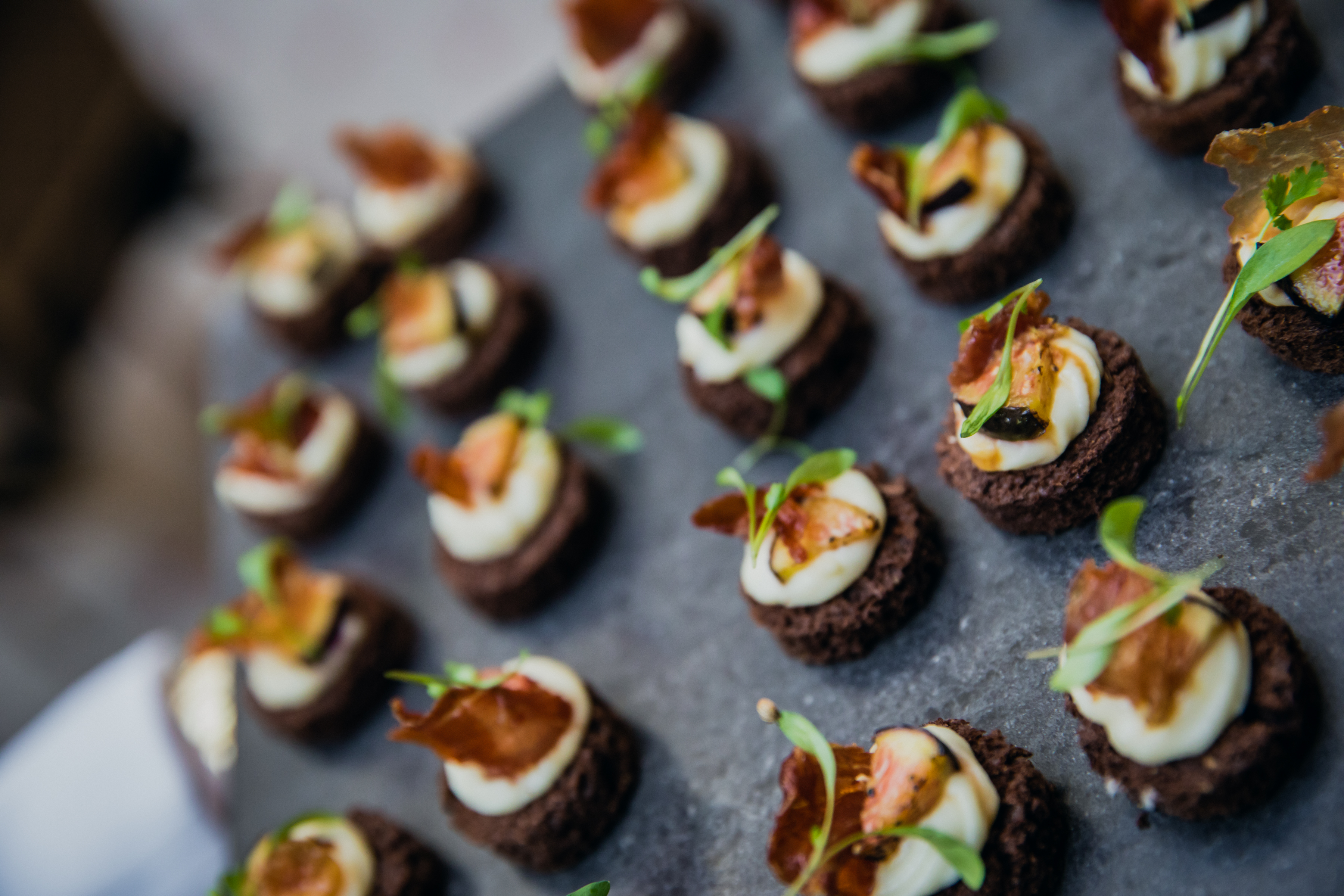 Elegant gourmet canapés in The Landmark London Grand Ballroom for upscale events.
