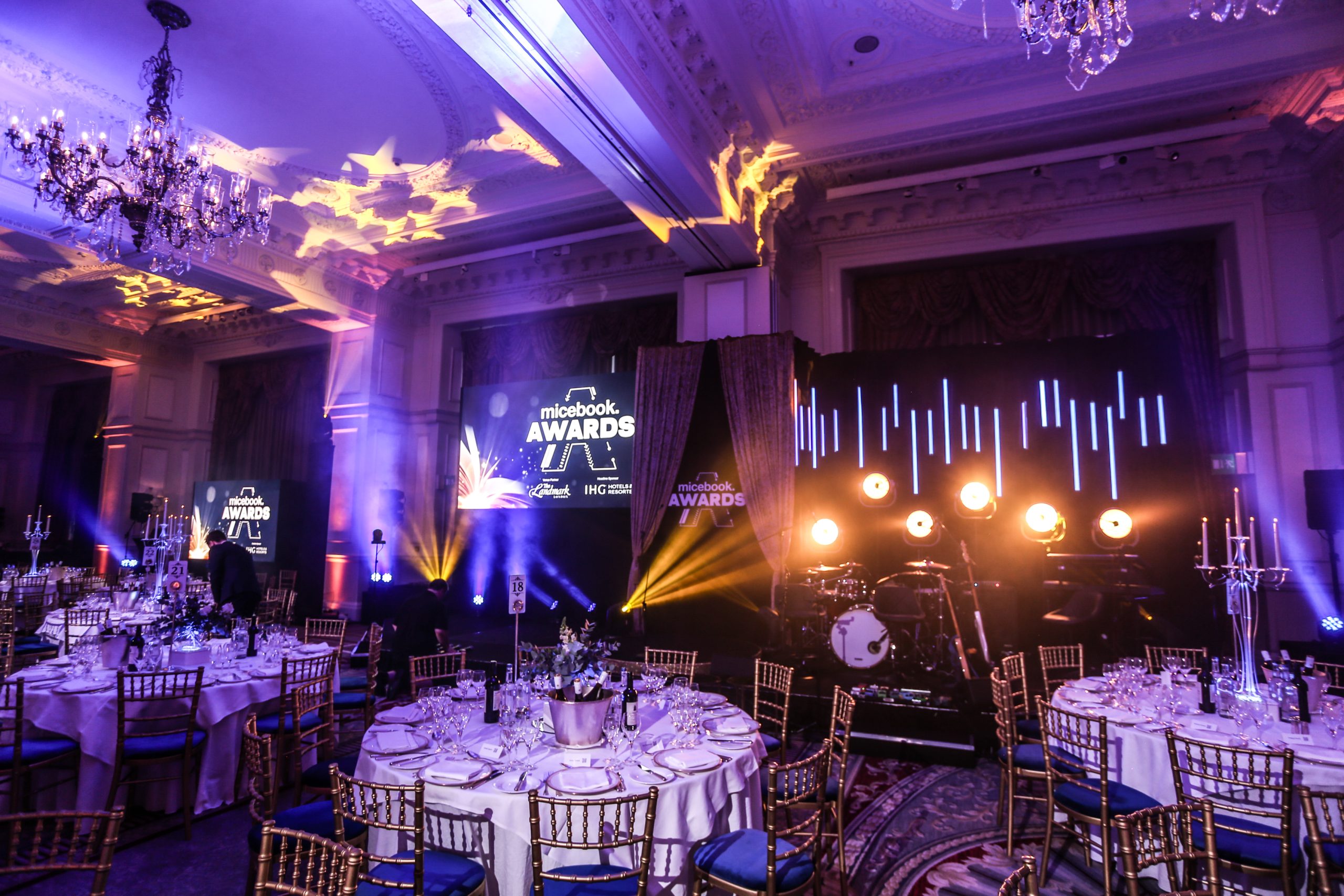 Grand Ballroom at The Landmark London, elegant awards ceremony setup with fine dining.