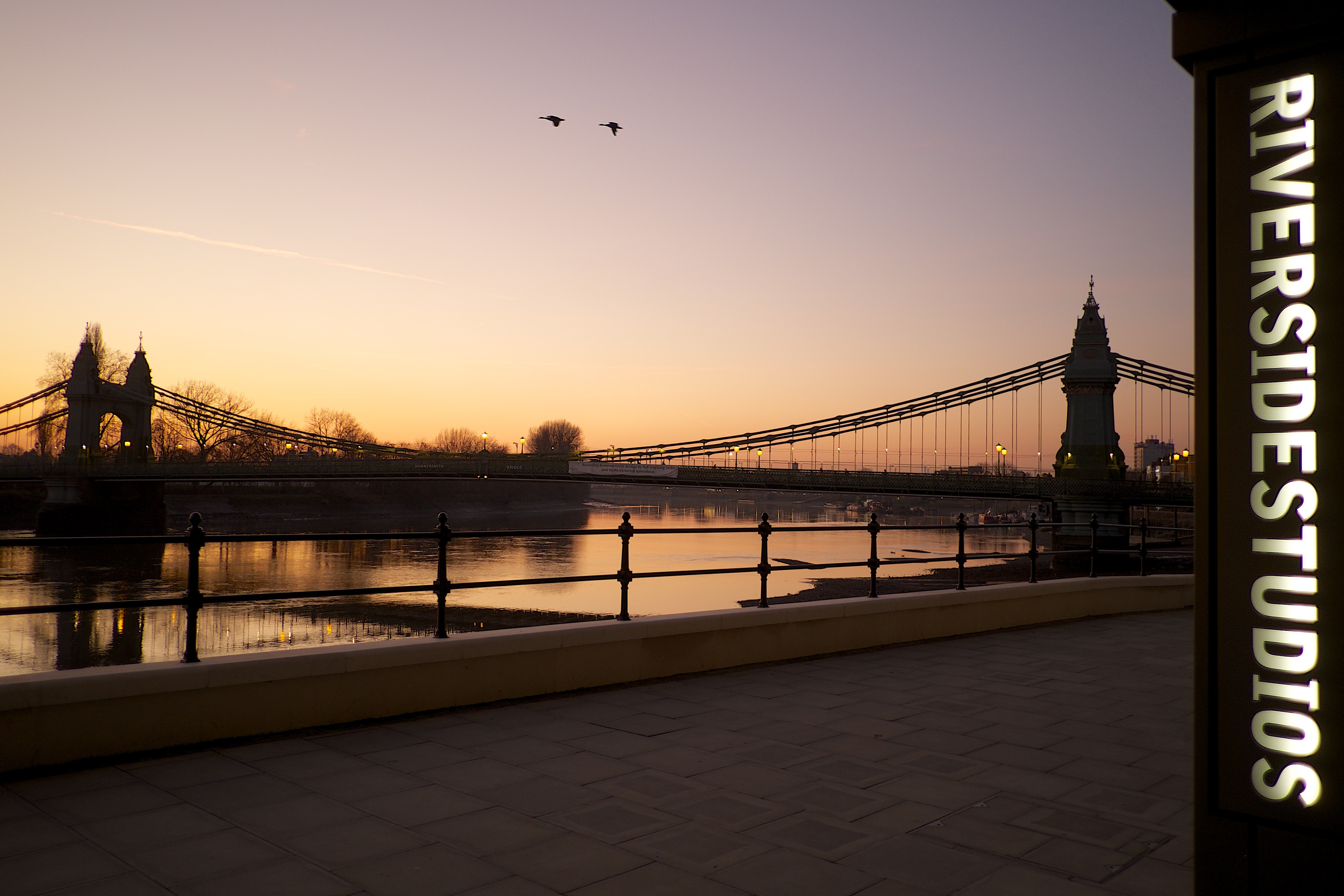 Riverside Studios Cinema Screen 1 at dusk, perfect for outdoor receptions and gatherings.