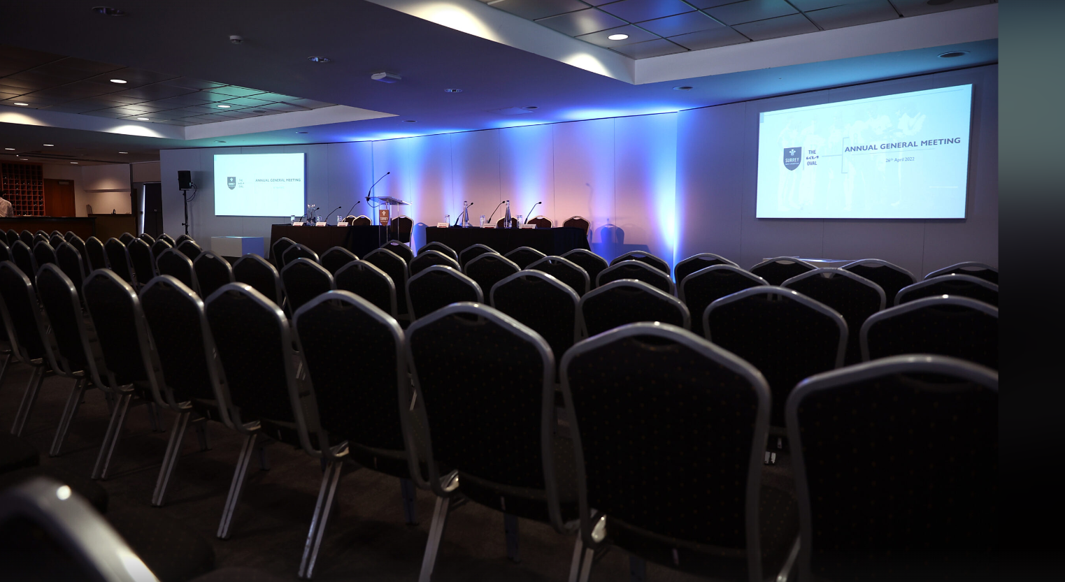Ashes Suite at Kia Oval: organized conference room with chairs for meetings.