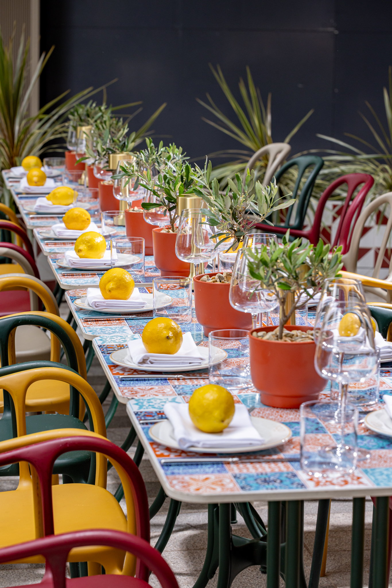 Tozi Terrace event setup with olive plants and lemons for outdoor dining in London.