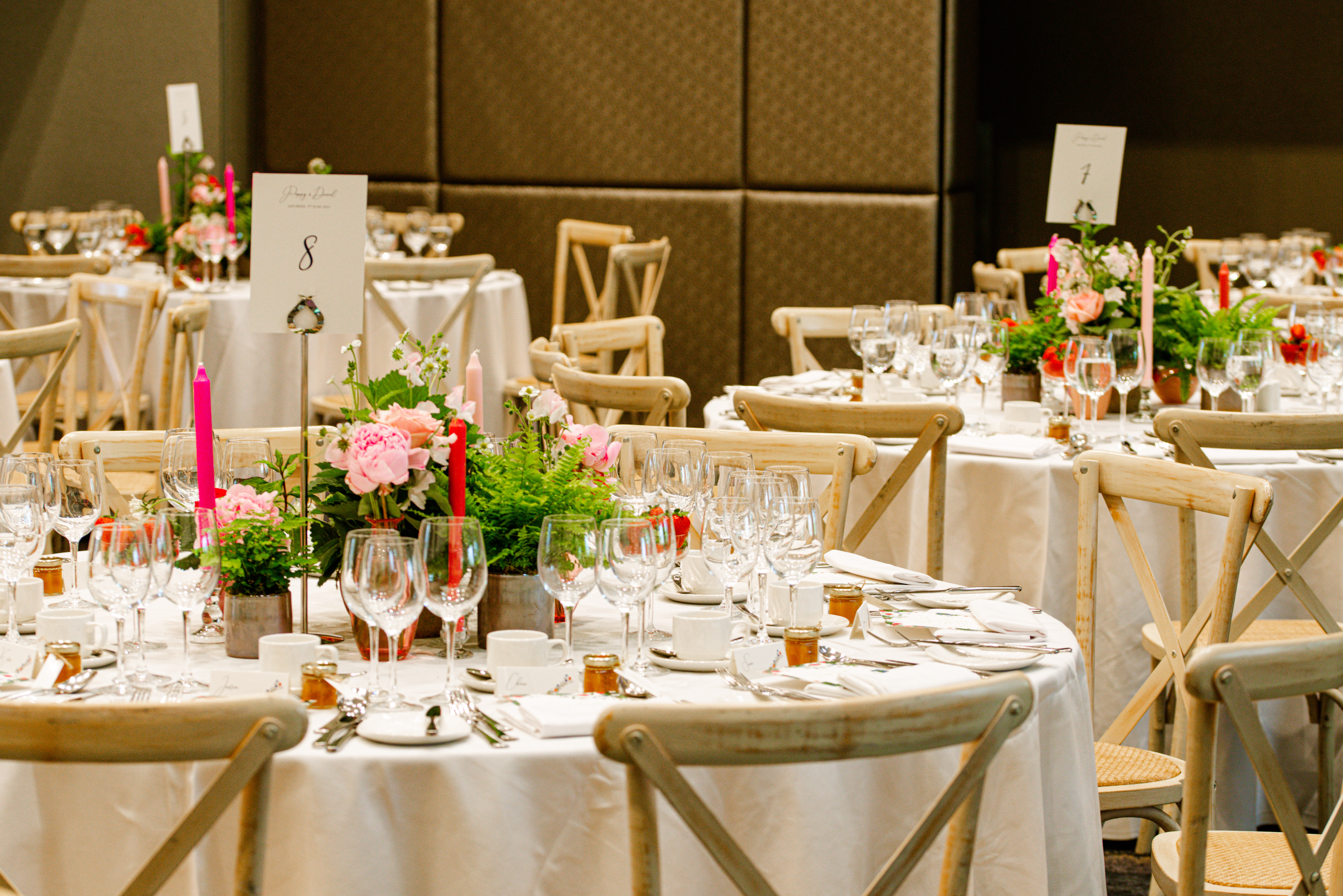 Elegant banquet setup with floral centerpieces at RCP London Events for corporate gatherings.
