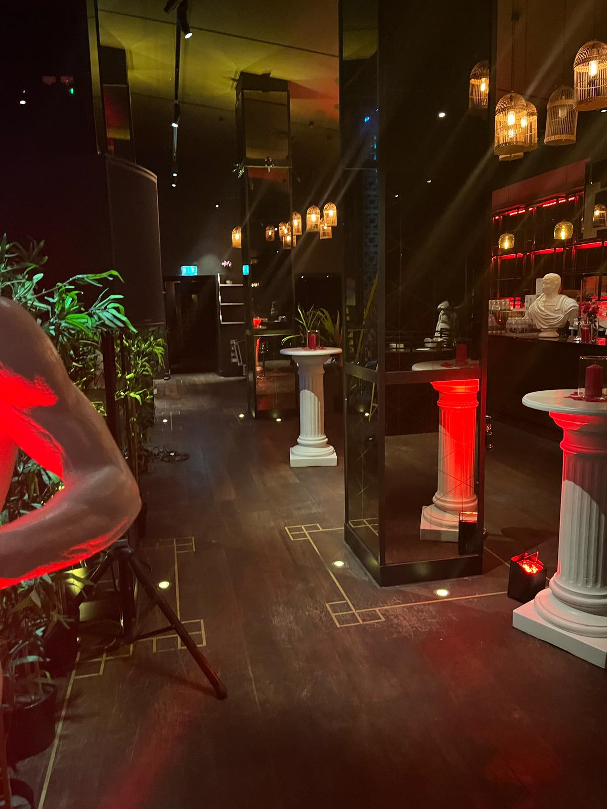 Elegant event venue, greenery, classical decor, product launch, cocktail reception