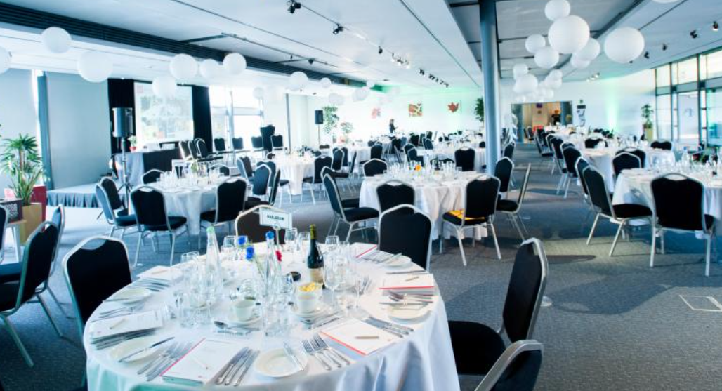 Rosalind Franklin Room banquet hall with round tables for corporate conference and gala events.