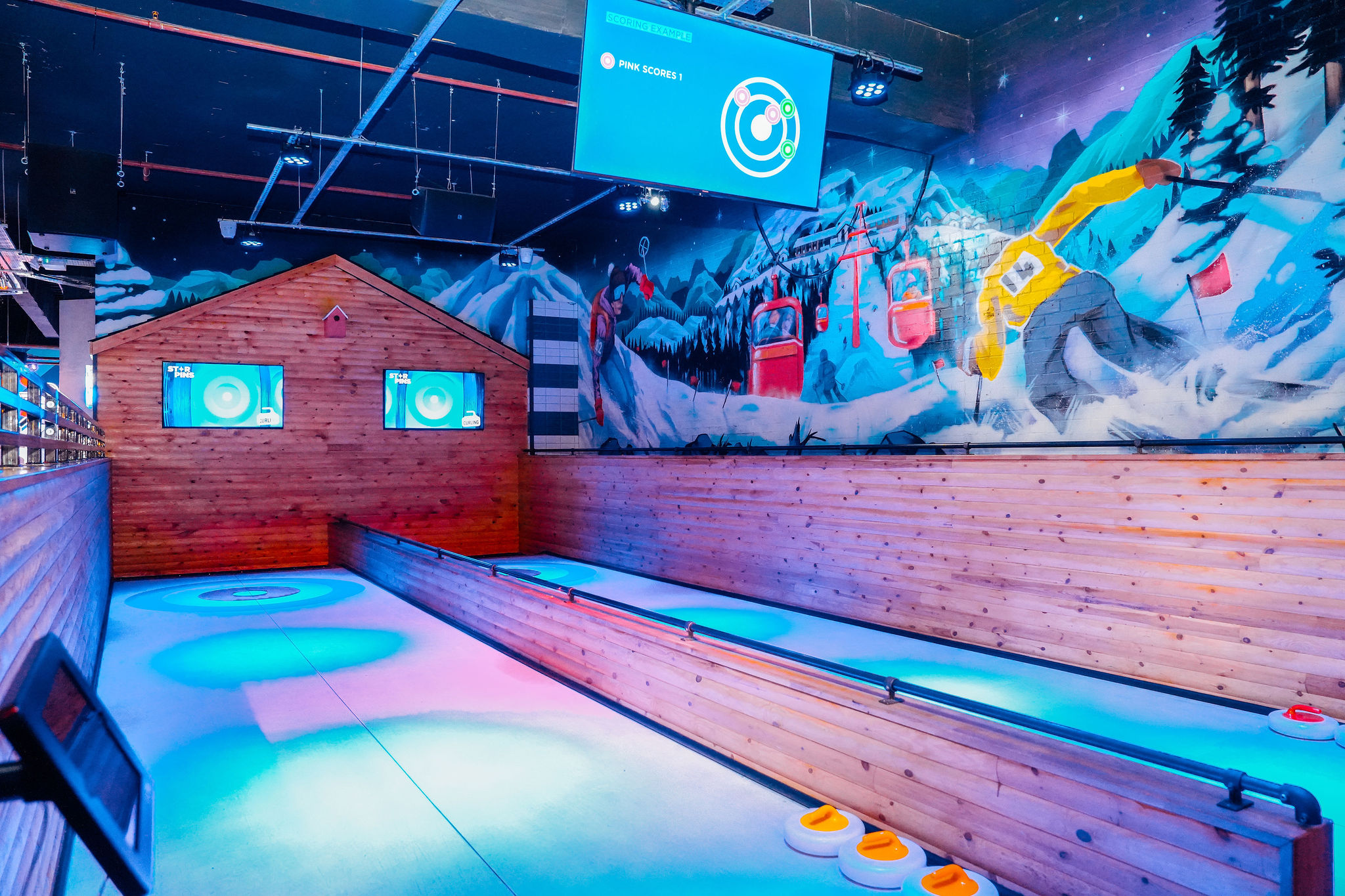 The Lodge at Star Pins Liverpool: indoor curling lanes for corporate team building events.