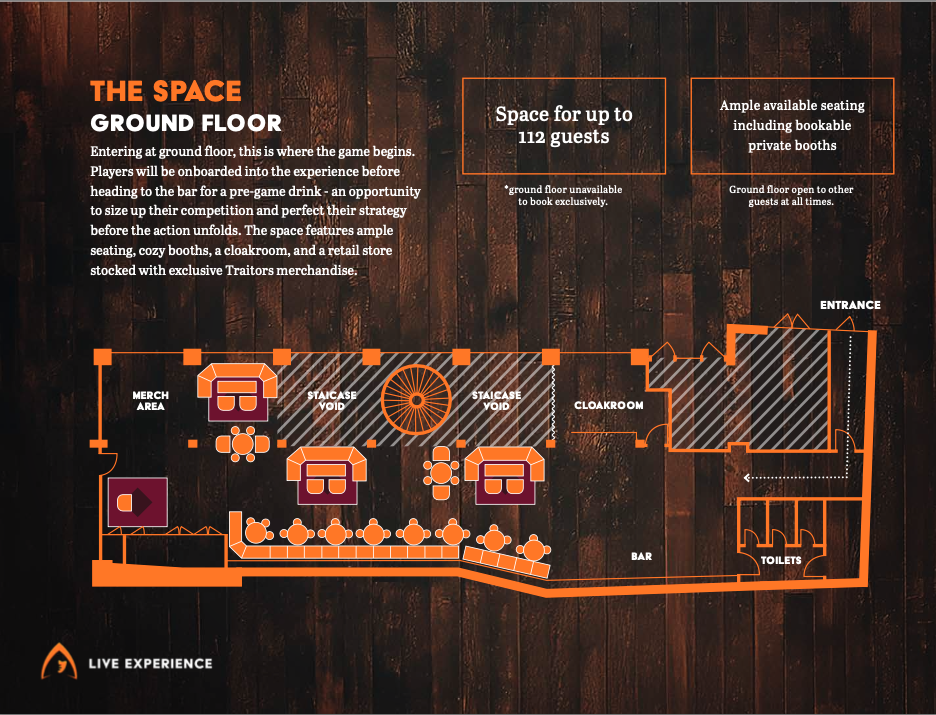 Half Venue Hire floor plan for corporate meetings and social events, accommodating 113 guests.