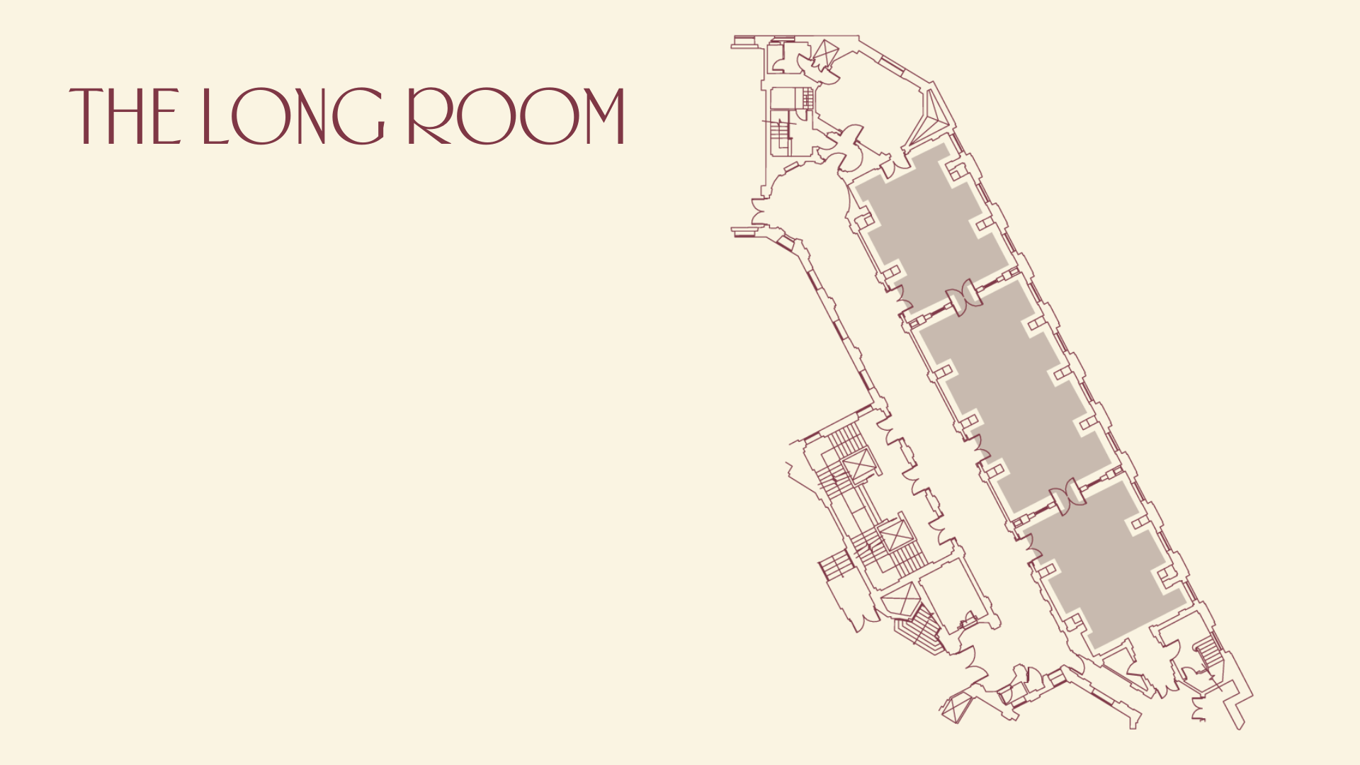 Spacious Long Room layout for elegant conferences and banquets at 60 Great Queen Street.